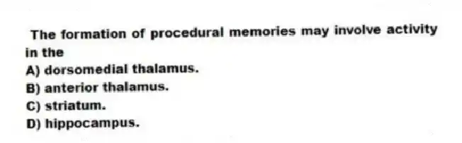 The formation of procedural memories may involve activity in the
A) dorsomedial thalamus.
B) anterior thalamus.
C) striatum.
D) hippocampus.