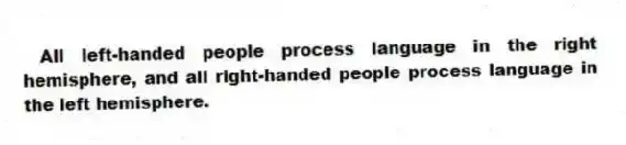 All left-handed people process language in the right hemisphere, and all right-handed people process language in the left hemisphere.