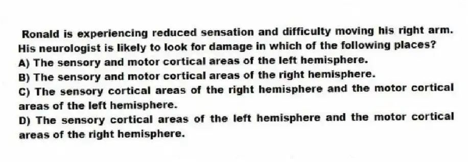 Ronald is experiencing reduced sensation and difficulty moving his right arm. His neurologist is likely to look for damage in which of the following places?
A) The sensory and motor cortical areas of the left hemisphere.
B) The sensory and motor cortical areas of the right hemisphere.
C) The sensory cortical areas of the right hemisphere and the motor cortical areas of the left hemisphere.
D) The sensory cortical areas of the left hemisphere and the motor cortical areas of the right hemisphere.