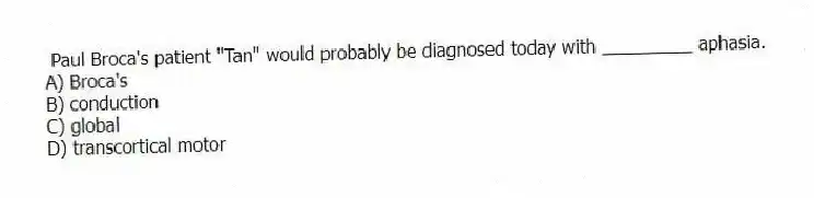 Paul Broca's patient "Tan" would probably be diagnosed today with _________ aphasia.
A) Broca's
B) conduction
C) global
D) transcortical motor