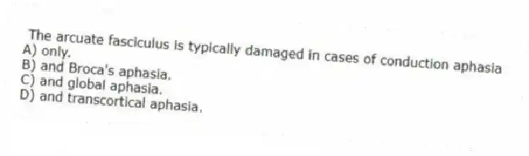 The arcuate fasciculus is typically damaged in cases of conduction aphasia
A) only.
B) and Broca's aphasia.
C) and global aphasia.
D) and transcortical aphasia.