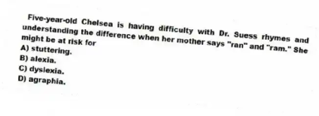 Five-year-old Chelsea is having difficulty with Dr. Suess rhymes and understanding the difference when her mother says "ran" and "ram." She might be at risk for
A) stuttering.
B) alexia.
C) dyslexia.
D) agraphia.