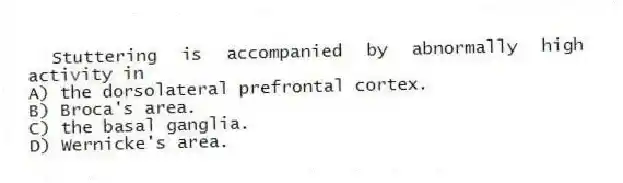 Stuttering is accompanied by abnormally high activity in
A) the dorsolateral prefrontal cortex.
B) Broca's area.
C) the basal ganglia.
D) Wernicke's area.