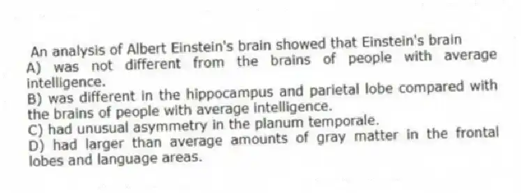 An analysis of Albert Einstein's brain showed that Einstein's brain
A) was not different from the brains of people with average intelligence.
B) was different in the hippocampus and parietal lobe compared with the brains of people with average intelligence.
C) had unusual asymmetry in the planum temporale.
D) had larger than average amounts of gray matter in the frontal lobes and language areas.