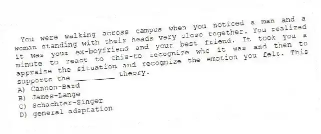 You were walking across campus when you noticed a man and a woman standing with their heads very close together. You realized it was your ex-boyfriend and your best friend. It took you a minute to react to this-to recognize who it was and then to appraise the situation and recognize the emotion you felt. This supports the _________ theory.
A) Cannon-Bard
B) James-Lange
C) Schachter-Singer
D) general adaptation