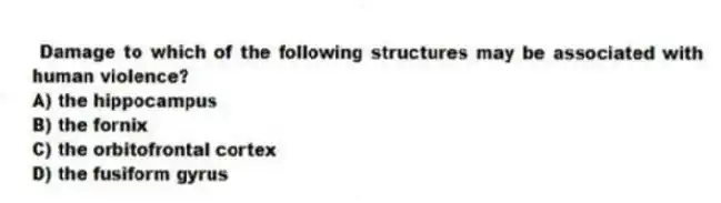 Damage to which of the following structures may be associated with human violence?
A) the hippocampus
B) the fornix
C) the orbitofrontal cortex
D) the fusiform gyrus