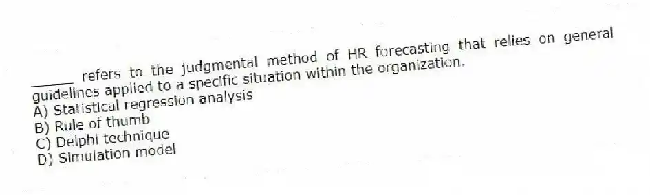 _____ refers to the judgmental method of HR forecasting that relies on general guidelines applied to a specific situation within the organization.
A) Statistical regression analysis
B) Rule of thumb
C) Delphi technique
D) Simulation model