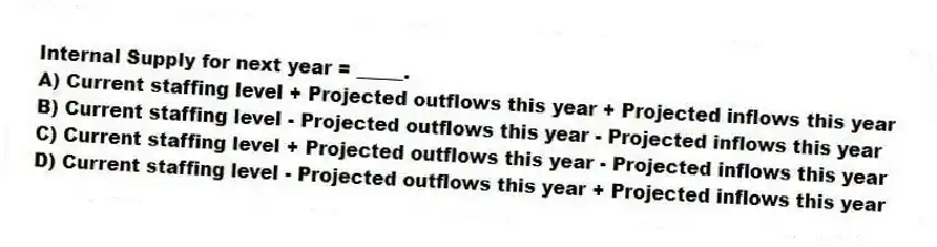 Internal Supply for next year = _____.
A) Current staffing level + Projected outflows this year + Projected inflows this year
B) Current staffing level - Projected outflows this year - Projected inflows this year
C) Current staffing level + Projected outflows this year - Projected inflows this year
D) Current staffing level - Projected outflows this year + Projected inflows this year