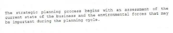 The strategic planning process begins with an assessment of the current state of the business and the environmental forces that may be important during the planning cycle.