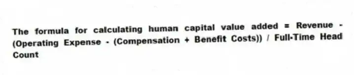 The formula for calculating human capital value added = Revenue - (Operating Expense - (Compensation + Benefit Costs)) / Full-Time Head Count