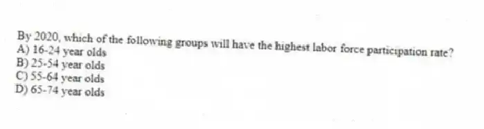 By 2020, which of the following groups will have the highest labor force participation rate?
A) 16-24 year olds
B) 25-54 year olds
C) 55-64 year olds
D) 65-74 year olds