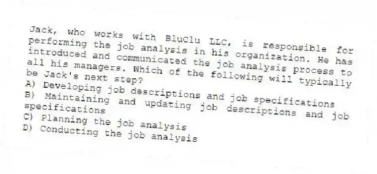 Jack, who works with BluClu LLC, is responsible for performing the job analysis in his organization. He has introduced and communicated the job analysis process to all his managers. Which of the following will typically be Jack's next step?
A) Developing job descriptions and job specifications
B) Maintaining and updating job descriptions and job specifications
C) Planning the job analysis
D) Conducting the job analysis