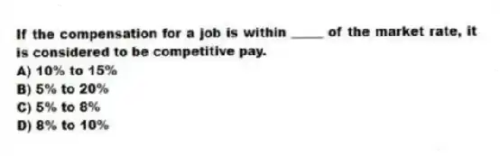 If the compensation for a job is within _____ of the market rate, it is considered to be competitive pay.
A) 10% to 15%
B) 5% to 20%
C) 5% to 8%
D) 8% to 10%