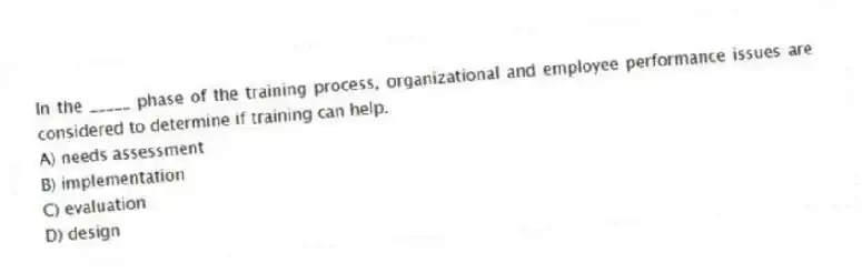 In the _____ phase of the training process, organizational and employee performance issues are considered to determine if training can help.
A) needs assessment
B) implementation
C) evaluation
D) design