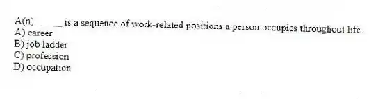 A(n) _____ is a sequence of work-related positions a person occupies throughout life.
A) career
B) job ladder
C) profession
D) occupation