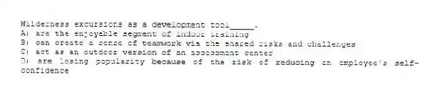 Wilderness excursions as a development tool_____.
A) are the enjoyable segment of indoor training
B) can create a sense of teamwork via the shared risks and challenges
C) act as an outdoor version of an assessment center
D) are losing popularity because of the risk of reducing an employee's self-confidence