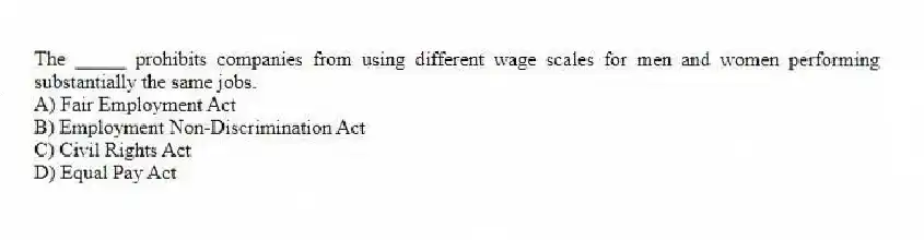 The _____ prohibits companies from using different wage scales for men and women performing substantially the same jobs.
A) Fair Employment Act
B) Employment Non-Discrimination Act
C) Civil Rights Act
D) Equal Pay Act