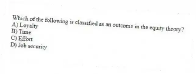 Which of the following is classified as an outcome in the equity theory?
A) Loyalty
B) Time
C) Effort
D) Job security