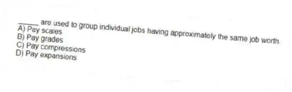 _____ are used to group individual jobs having approximately the same job worth.
A) Pay scales
B) Pay grades
C) Pay compressions
D) Pay expansions