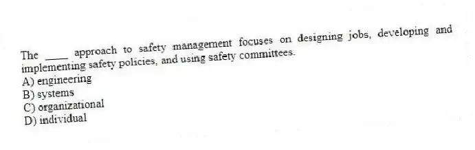 The ____ approach to safety management focuses on designing jobs, developing and implementing safety policies, and using safety committees.
A) engineering
B) systems
C) organizational
D) individual