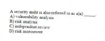 A security audit is also referred to as a(n) _____.
A) vulnerability analysis
B) risk analysis
C) independent review
D) risk assessment