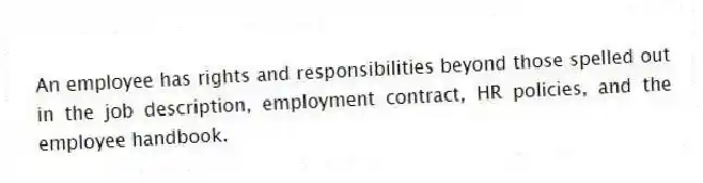 An employee has rights and responsibilities beyond those spelled out in the job description, employment contract, HR policies, and the employee handbook.