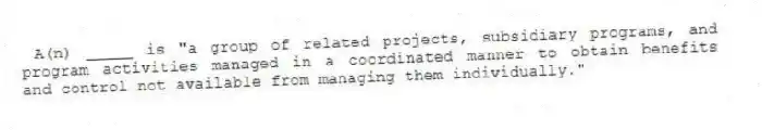 A(n) _____ is "a group of related projects, subsidiary programs, and program activities managed in a coordinated manner to obtain benefits and control not available from managing them individually."