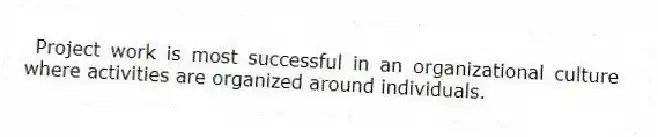 Project work is most successful in an organizational culture where activities are organized around individuals.