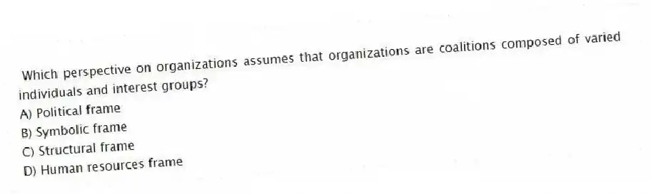 Which perspective on organizations assumes that organizations are coalitions composed of varied individuals and interest groups?
A) Political frame
B) Symbolic frame
C) Structural frame
D) Human resources frame