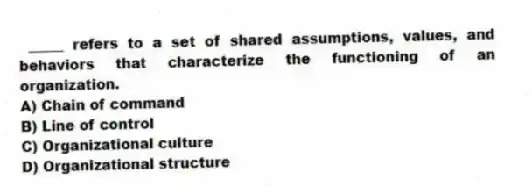 _____ refers to a set of shared assumptions, values, and behaviors that characterize the functioning of an organization.
A) Chain of command
B) Line of control
C) Organizational culture
D) Organizational structure