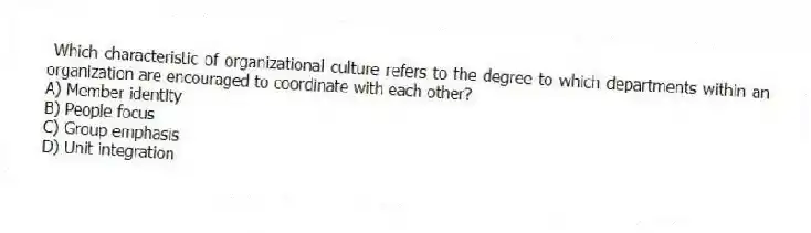 Which characteristic of organizational culture refers to the degree to which departments within an organization are encouraged to coordinate with each other?
A) Member identity
B) People focus
C) Group emphasis
D) Unit integration