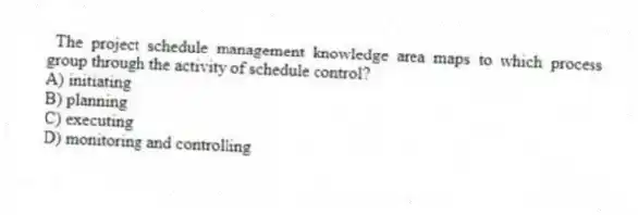 The project schedule management knowledge area maps to which process group through the activity of schedule control?
A) initiating
B) planning
C) executing
D) monitoring and controlling