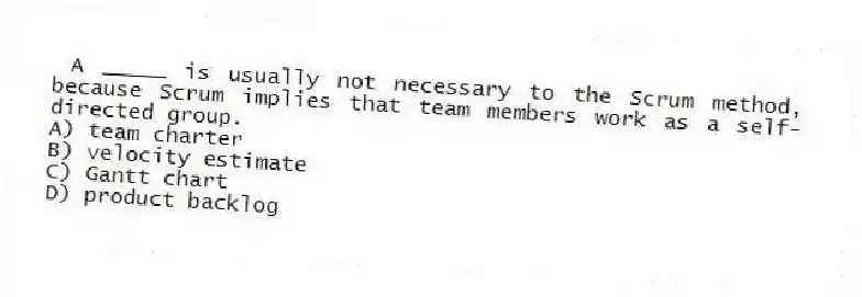 A _____ is usually not necessary to the Scrum method, because Scrum implies that team members work as a self-directed group.
A) team charter
B) velocity estimate
C) Gantt chart
D) product backlog