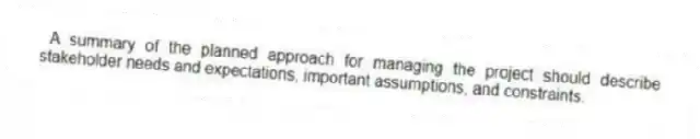 A summary of the planned approach for managing the project should describe stakeholder needs and expectations, important assumptions, and constraints.