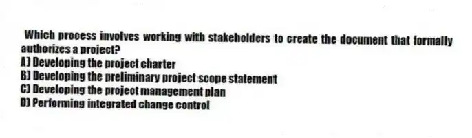 Which process involves working with stakeholders to create the document that formally authorizes a project?
A) Developing the project charter
B) Developing the preliminary project scope statement
C) Developing the project management plan
D) Performing integrated change control