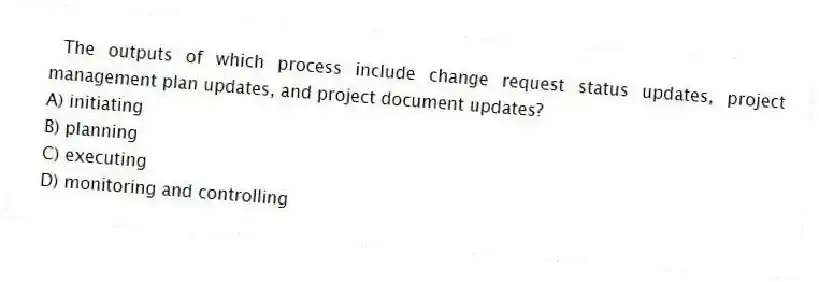 The outputs of which process include change request status updates, project management plan updates, and project document updates?
A) initiating
B) planning
C) executing
D) monitoring and controlling