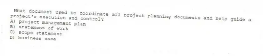 What document used to coordinate all project planning documents and help guide a project's execution and control?
A) project management plan
B) statement of work
C) scope statement
D) business case