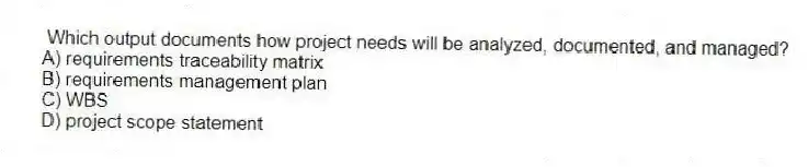 Which output documents how project needs will be analyzed, documented, and managed?
A) requirements traceability matrix
B) requirements management plan
C) WBS
D) project scope statement
