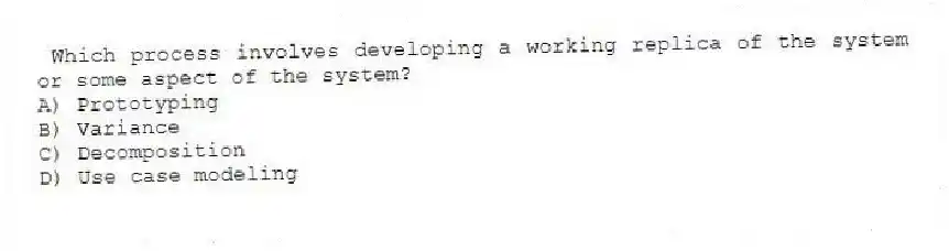 Which process involves developing a working replica of the system or some aspect of the system?
A) Prototyping
B) Variance
C) Decomposition
D) Use case modeling
