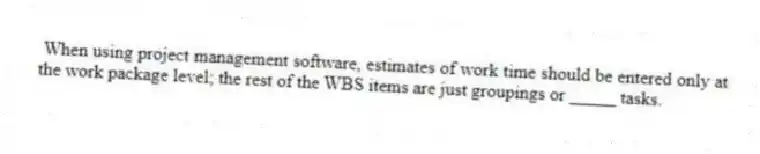 When using project management software, estimates of work time should be entered only at the work package level; the rest of the WBS items are just groupings or _____ tasks.