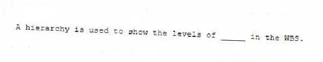 A hierarchy is used to show the levels of _____ in the WBS.