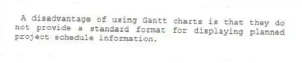 A disadvantage of using Gantt charts is that they do not provide a standard format for displaying planned project schedule information.
