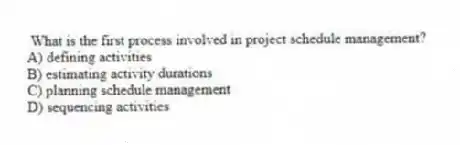 What is the first process involved in project schedule management?
A) defining activities
B) estimating activity durations
C) planning schedule management
D) sequencing activities