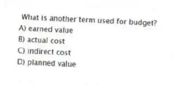 What is another term used for budget?
A) earned value
B) actual cost
C) indirect cost
D) planned value