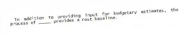 In addition to providing input for budgetary estimates, the process of _____ provides a cost baseline.