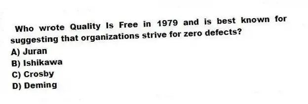 Who wrote Quality Is Free in 1979 and is best known for suggesting that organizations strive for zero defects?
A) Juran
B) Ishikawa
C) Crosby
D) Deming