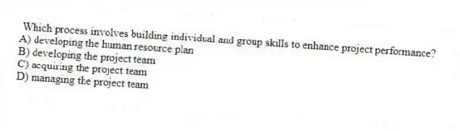 Which process involves building individual and group skills to enhance project performance?
A) developing the human resource plan
B) developing the project team
C) acquiring the project team
D) managing the project team