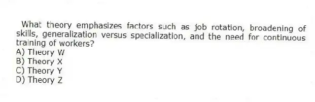 What theory emphasizes factors such as job rotation, broadening of skills, generalization versus specialization, and the need for continuous training of workers?
A) Theory W
B) Theory X
C) Theory Y
D) Theory Z
