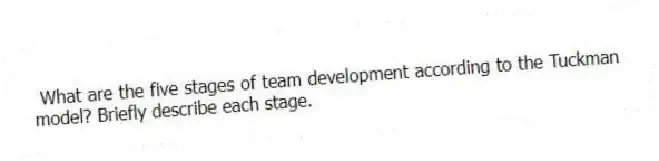 What are the five stages of team development according to the Tuckman model? Briefly describe each stage.