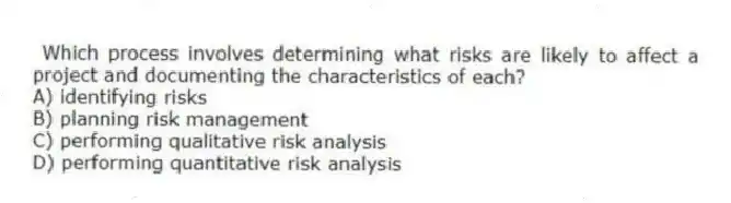 Which process involves determining what risks are likely to affect a project and documenting the characteristics of each?
A) identifying risks
B) planning risk management
C) performing qualitative risk analysis
D) performing quantitative risk analysis